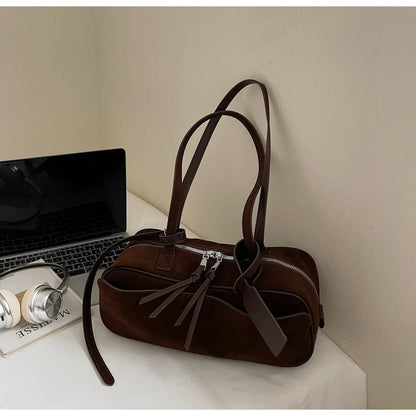 Retro Red Suede Wedding Shoulder Bag Luxury Designer Women Versatile Underarm Bags Elegant Female Large Capacity Handbags