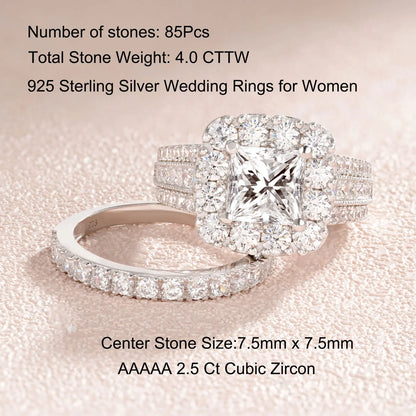 Newshe 2Pcs 925 Silver Wedding Rings Set for Women Halo Princess Cut White Cubic Zircon Vintage Luxury Jewelry Engagement Ring