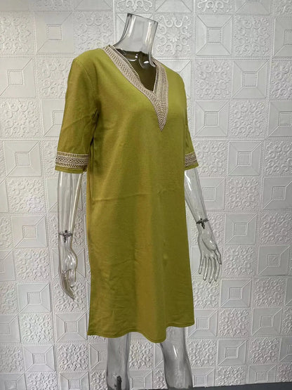 New solid color V-neck mid-sleeved elegant dress