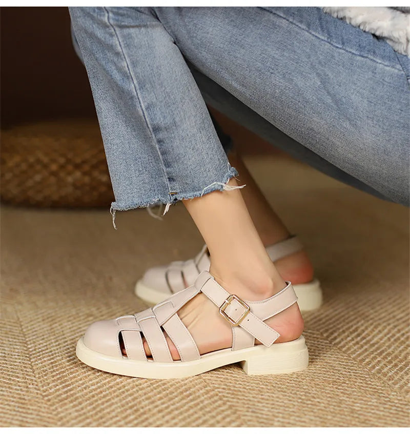2023 Women Sandals Retro Genuine Leather Luxury Roman Sandals Casual Buckle Strap Summer Shoes GLADIATOR Thick Heel Women Shoes