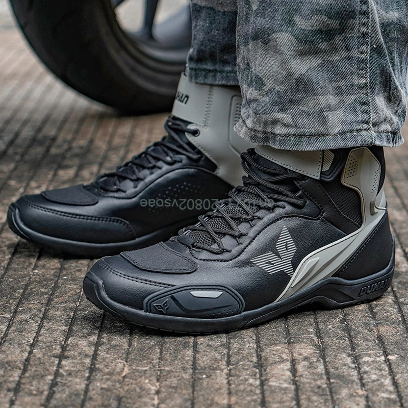 DUHAN  Motorcycle Boots Male Boots for Men Motocross Waterproof Anti Slip Fall Prevention Mid Top Leather Cycling Riding Shoes