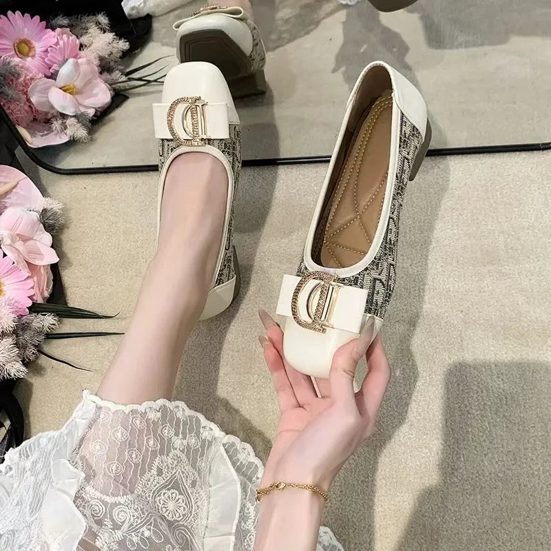 Soft Bottom Women Bean Metal Single Shoes Fashionable Versatile Shallow Mouth Retro Square Head Flat Bottom Coarse Women's Shoes