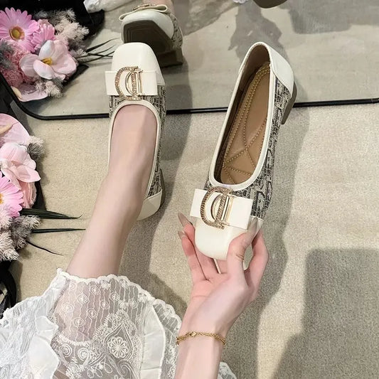 Soft Bottom Women Bean Metal Single Shoes Fashionable Versatile Shallow Mouth Retro Square Head Flat Bottom Coarse Women's Shoes