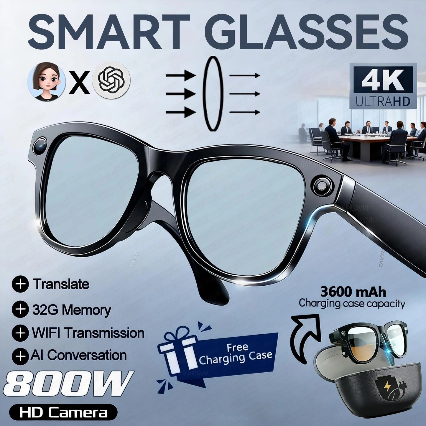 2026New 800W 4K HD Color Change AI Smart Glasses Men Record Video 3600mAh Battery 120+Languages Translation Music Player Glasses
