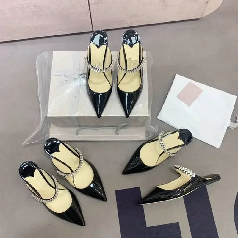 2025 New Fashionable Fine Heeled Muller Shoes with Pointed Water Diamond Chain Banquet Shallow Mouth Women's High Heel Sandals