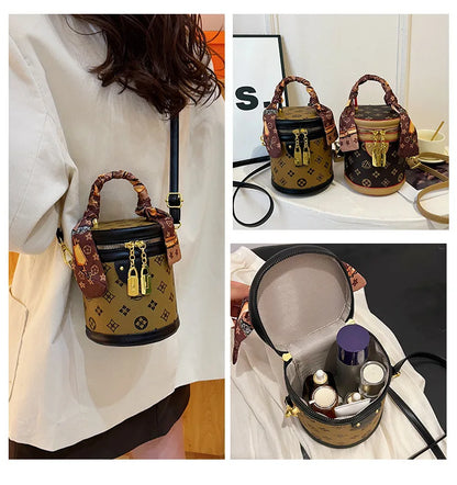 Stylish Printed Bucket Bag with Scarf Detachable Strap Shoulder Crossbody Bag for Women