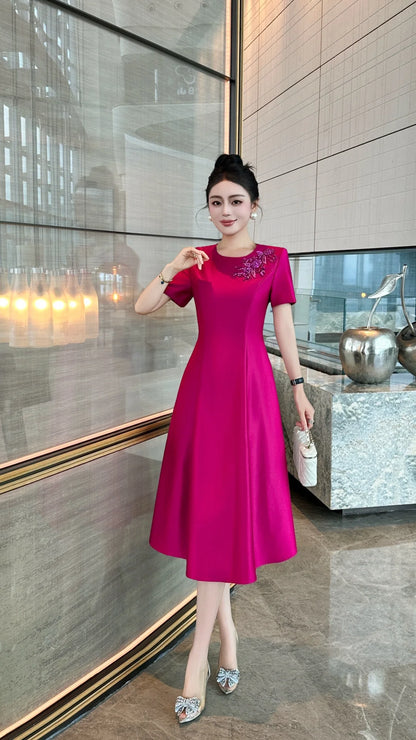 ZJYT Elegant Luxury Diamonds Dress Women 2026 Spring Summer Short Sleeve Midi Special Party Eve Dresses Pink Casual Vestidos