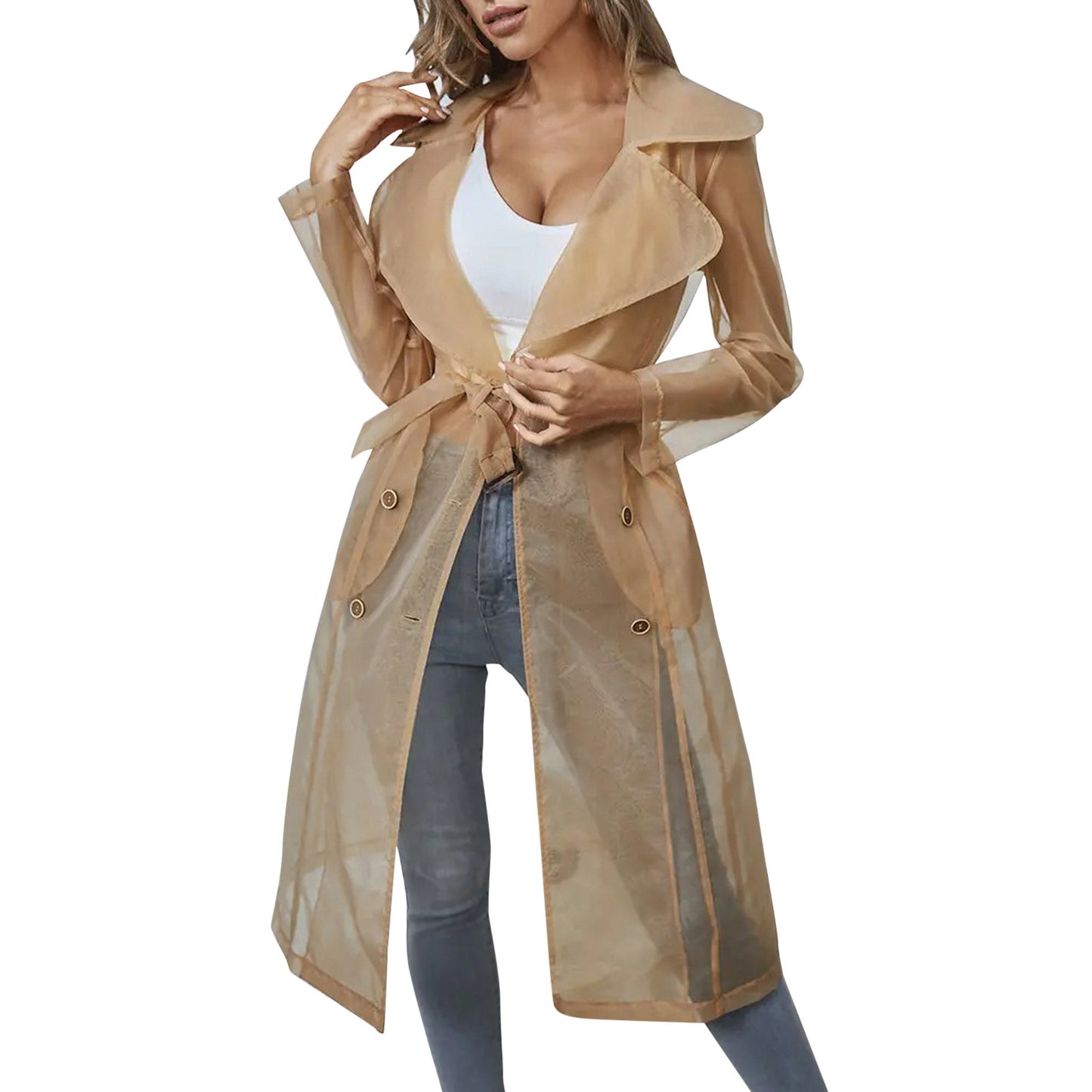 Women Organza See Though Sunscreen Long Sleeve Trench Summer Autumn Fashion Double Breasted Long Coat With Belted Tops Outwear