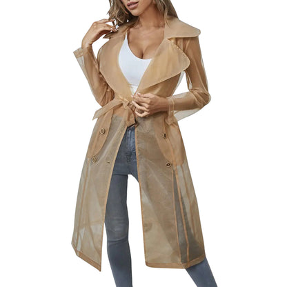 Women Organza See Though Sunscreen Long Sleeve Trench Summer Autumn Fashion Double Breasted Long Coat With Belted Tops Outwear