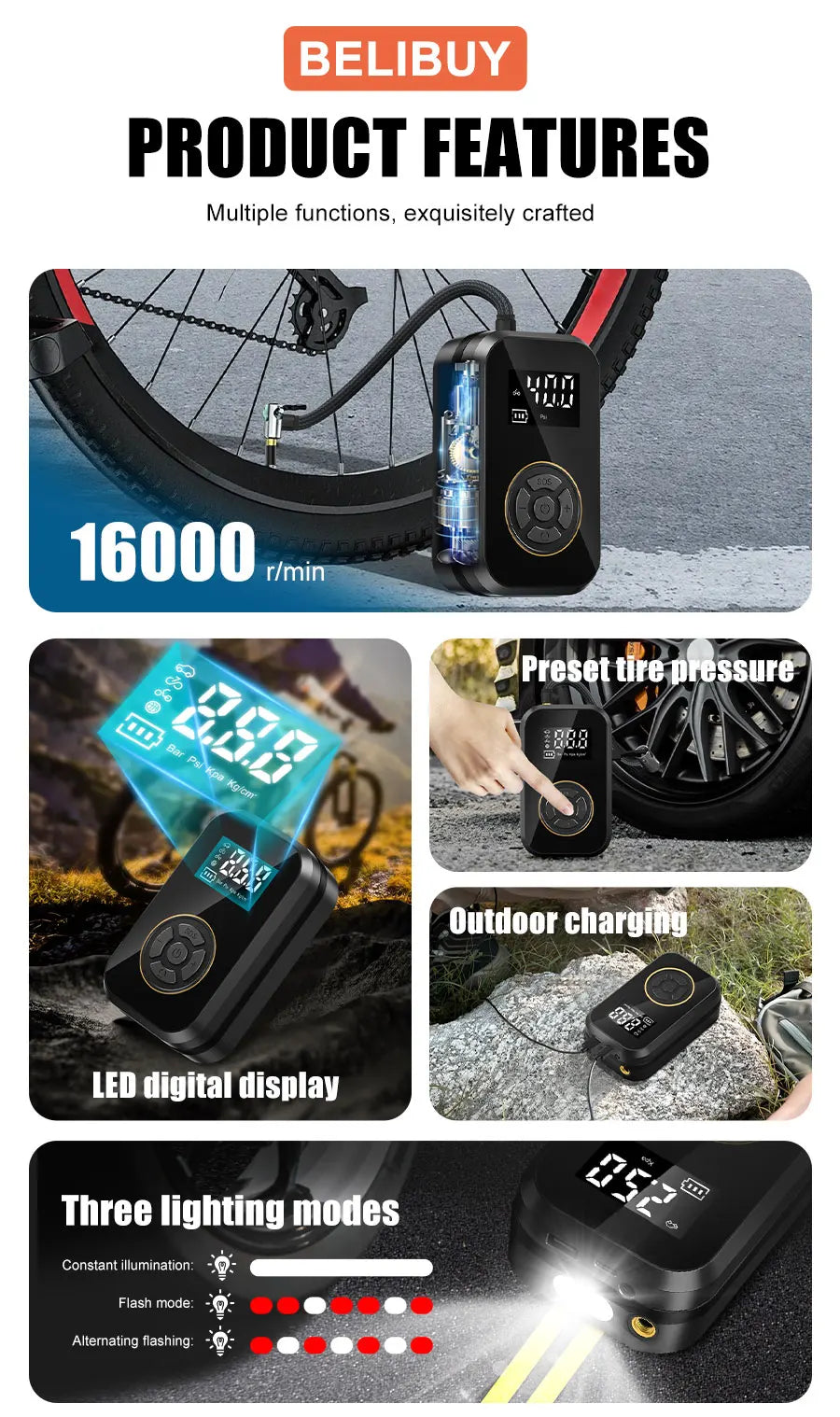 Multifunction Digital Air Pump, Portable Tire Inflator with SOS Light for Car Motorcycle Bicycle Tires, Balls, Boats, Camping
