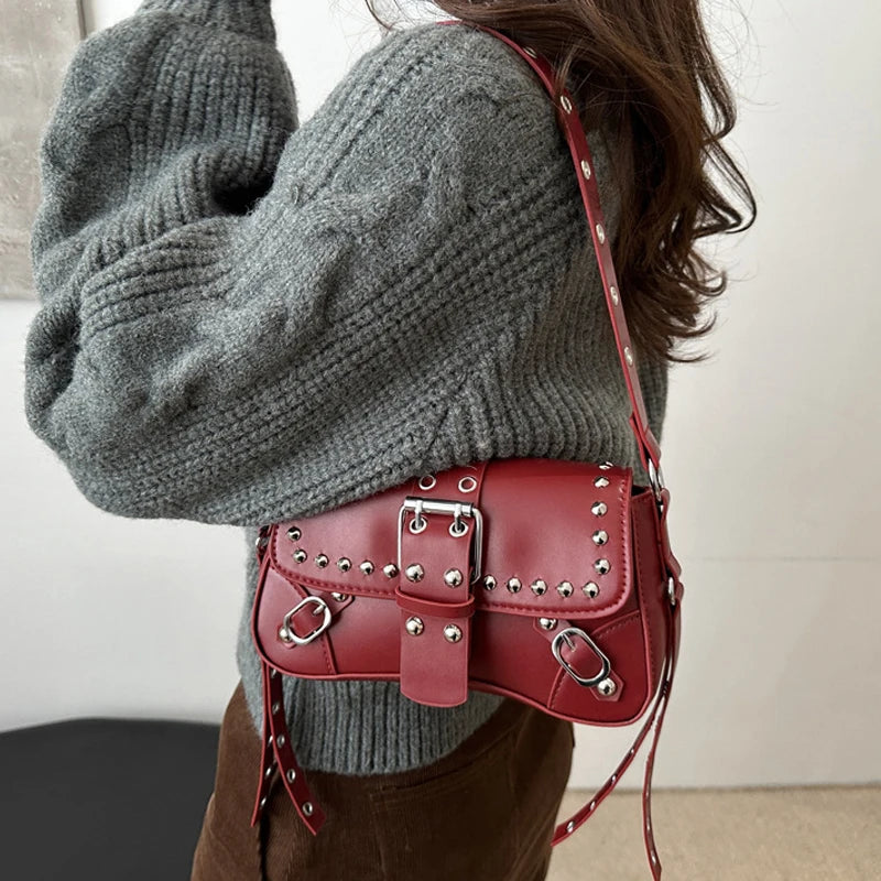 Shoulder Bag for Women Pink Underarm Bags PU Leather Crescent Bags with Rivet Small Y2k Purses Trendy Armpit Purse