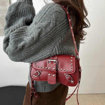 Shoulder Bag for Women Pink Underarm Bags PU Leather Crescent Bags with Rivet Small Y2k Purses Trendy Armpit Purse