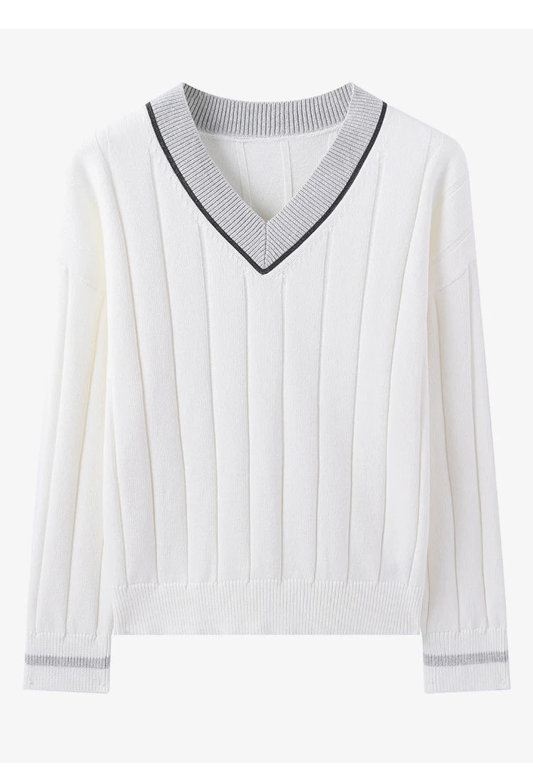 BY4521246 Women's Luxurious V-Neck Long Sleeve Sweater 100% Cotton Casual Knitted Pullover Fall Winter 2025