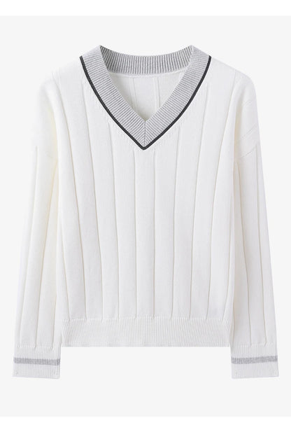 BY4521246 Women's Luxurious V-Neck Long Sleeve Sweater 100% Cotton Casual Knitted Pullover Fall Winter 2025