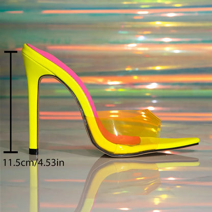 Color-Blocked High Heels Women's Shoes Slippers Pointed Head Thin Heels PVC Transparent Ladies Pumps Slip On Slides Party Shoes