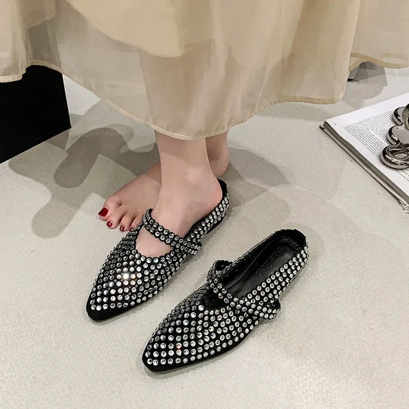Crystal Women's Pointed Toe Slippers Luxury Flats Sandals Casual Mules Shoes Cozy New Trend Slides Fashion Dress Mujer Zapatos