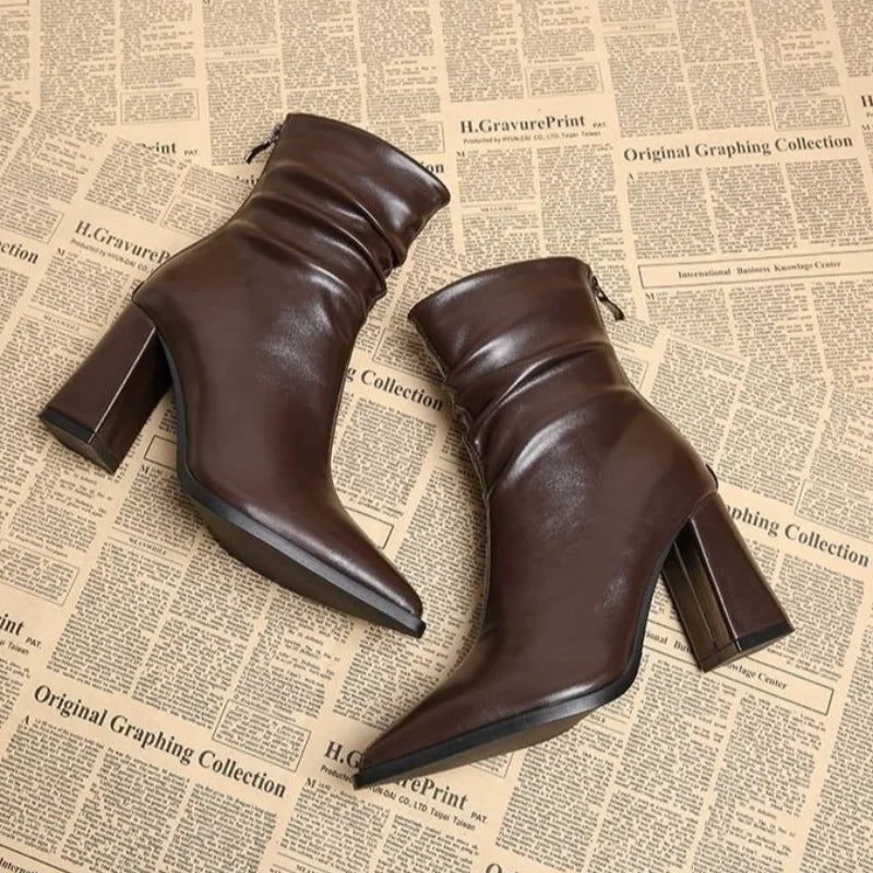 Autumn Womnen's High Heel Ankle Boots New Winter Plus Velvet Pointed Toe Chunky Heel Chelsea Boots for Women Heeled Sheos Dress
