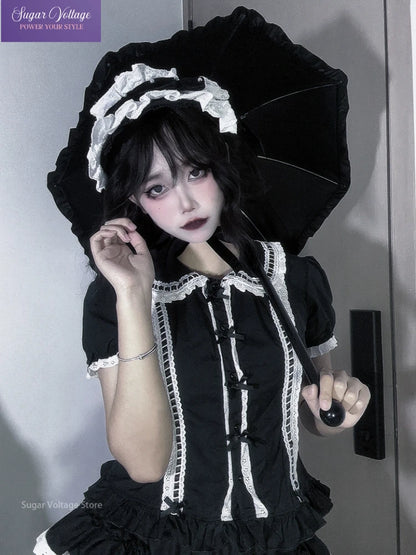 Summer Japanese Lolita Sweet Girls Short-sleeved Tops Women Goth Lace Bow Shirt Single-breasted Blouse Doll Collar Slim Tees New