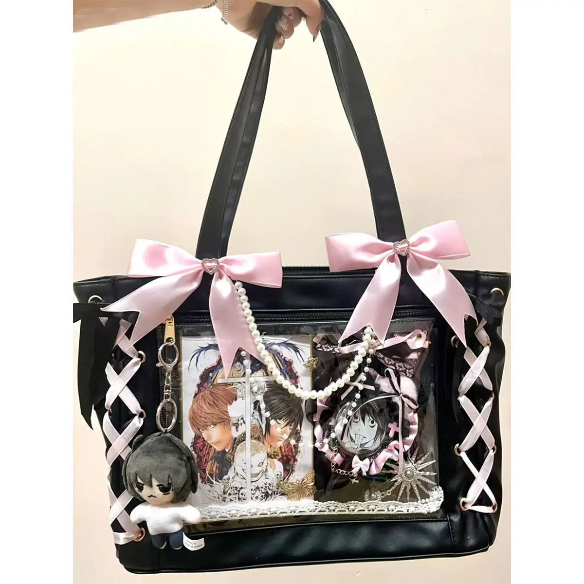 New Ribbon Cute Handbag for Women Large Capacity Transparent DIY Badge One-shoulder Tote Bag Japanese Sweet Girl Ulzzang Ita Bag