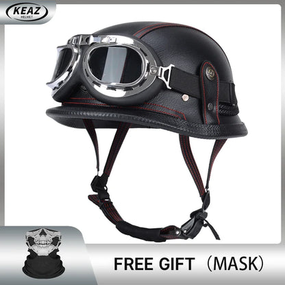 Factory Price Motorcycle German Style Leather Half Face Helmet DOT Approved Cap1/2 Shell Helmets+Goggles Open-Face Casque