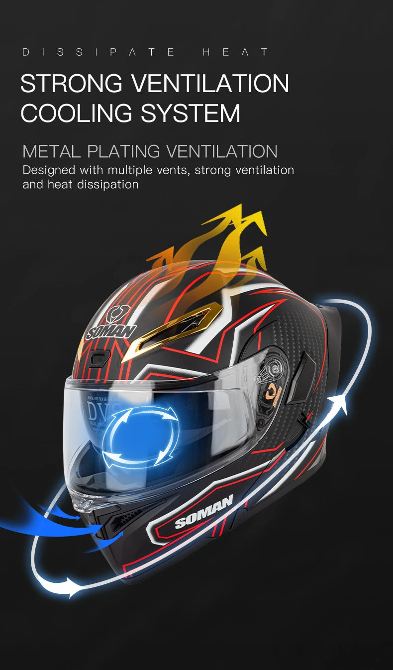 SOMAN Full Face Helmet Dual Lens Flip Up Motorcycle Helmets Casco Accessories Men Women Casque Moto Racing DOT Approved Visor