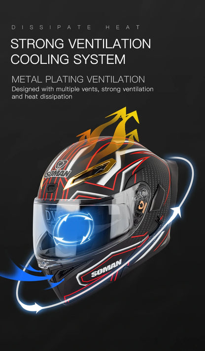 SOMAN Full Face Helmet Dual Lens Flip Up Motorcycle Helmets Casco Accessories Men Women Casque Moto Racing DOT Approved Visor
