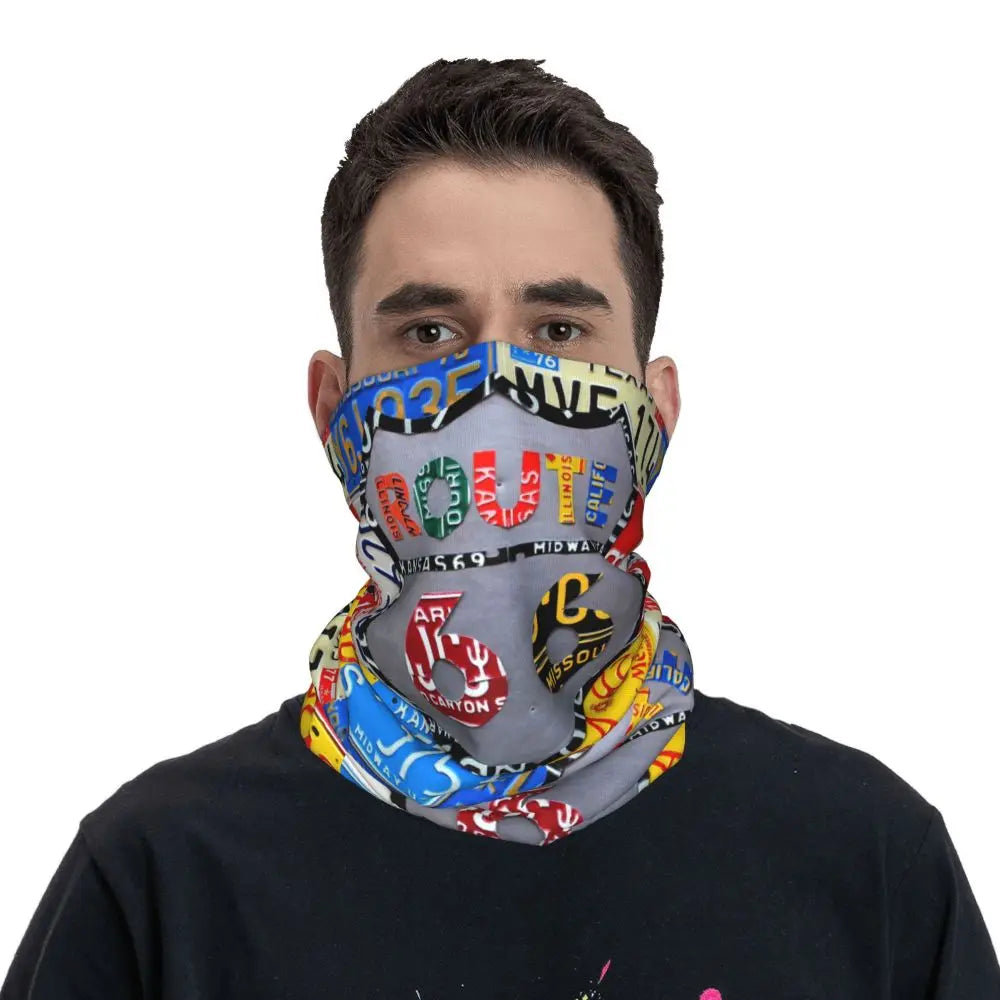 Custom Travel Motorcycle Ride Route 66 Bandana Winter Neck Warmer Windproof Wrap Face Scarf for Hiking Highways Gaiter Headband
