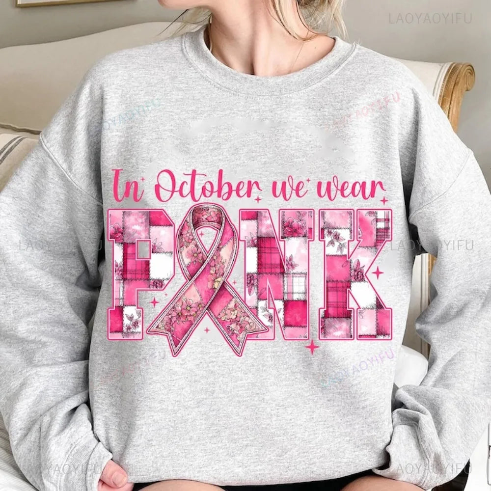 In October We Wear Pink Clothing Composite Creativity Pink Ribbon Tops Breast Cancer Women Modern and Trendy Streetwear Apparel