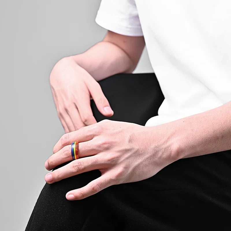 Rainbow Flag Homosexual Titanium Steel Ring 18K Golden Plated Lesbian Ring