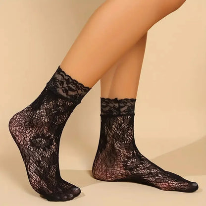 5 Pairs Lace Women Mesh Socks Summer Elastic Transparent Ankle Socks Vintage Lolita Women Versatile Fishnet Net Black Sock