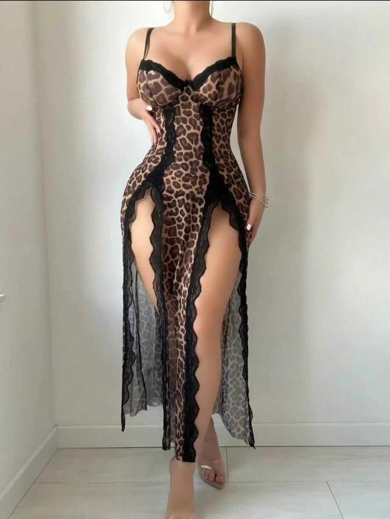 Sexy Adult Lingerie Female V-Neck Nightdress See ThroughHigh Split Pajama Dress Leopard Print Sleepwear Lace TrimEvening Dress