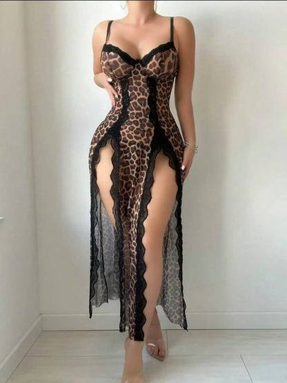 Sexy Adult Lingerie Female V-Neck Nightdress See ThroughHigh Split Pajama Dress Leopard Print Sleepwear Lace TrimEvening Dress