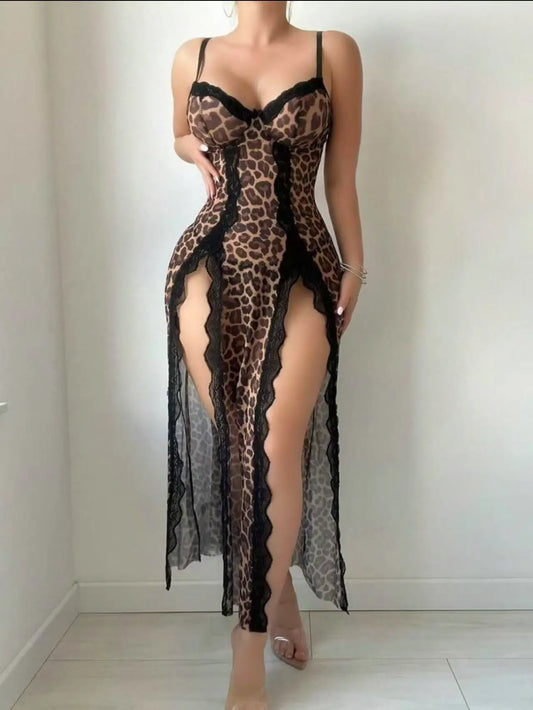 Sexy Adult Lingerie Female V-Neck Nightdress See ThroughHigh Split Pajama Dress Leopard Print Sleepwear Lace TrimEvening Dress