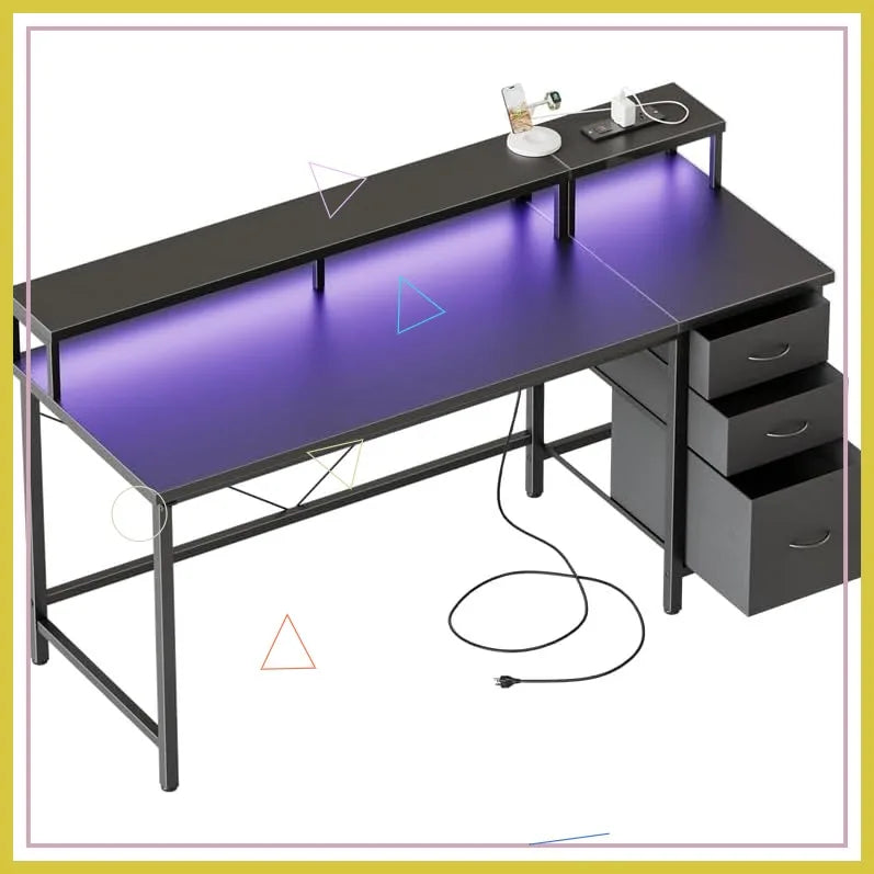 55-inch Gaming Desk with Power Outlets, LED Lights, 3 Drawers & Monitor Stand for Home Office and Small Spaces, Black
