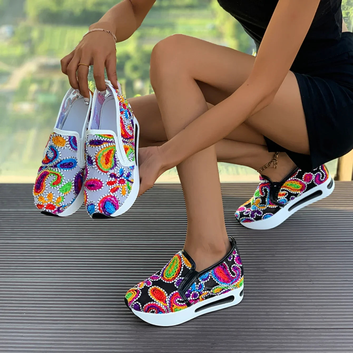 Women's Sneakers Rainbow Embroidered Platform Shoes for Women Breathable Mesh Loafers Lightweight Slip On Casual Shoes Plus Size