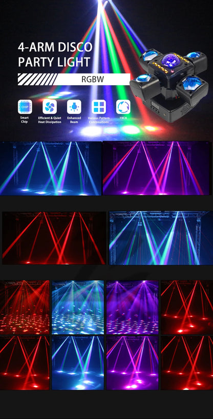 4-Arm Mini Disco Party Light Remote Control 80W LED Beam Moving Head DJ Light DMX Strobe Stage Effect For Club Wedding Events