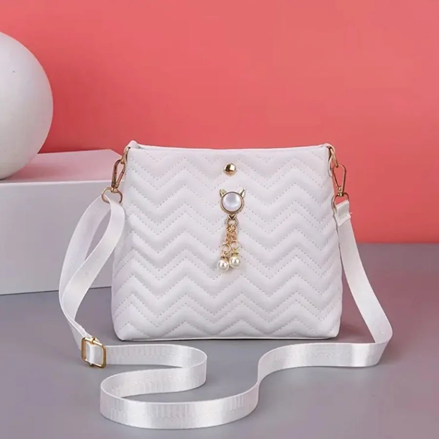 Women's Quilted Crossbody Bag with Cat Pearl Pendant - Elegant Shoulder Purse for Holiday gifts, 2025 Stylish Novelty Handbag