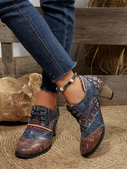 Women's Spring & Fall Short Boots, Bohemian Fashion Splicing Retro Short Boots, Casual Printed Western Leather Boots, Side Zippers, Suitable for Daily Commuting, Vacation, Parties