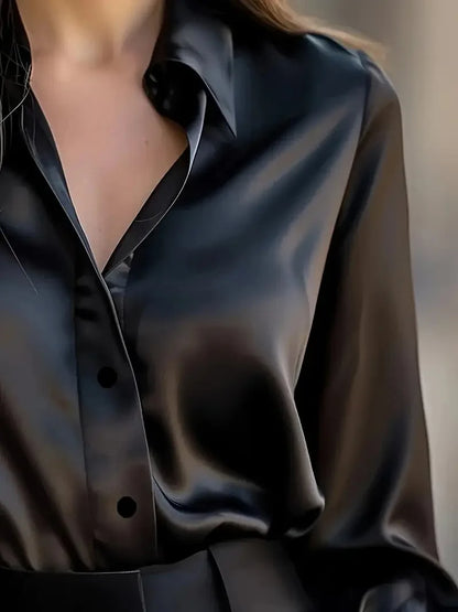 2025 Spring and Autumn Women's Lapel Shirt Brown Button Cardigan Top Black Elegant Fashion Office Basic Blouses for Female