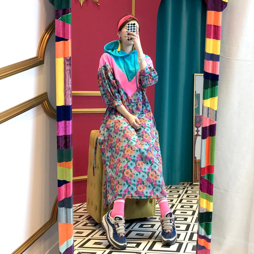 Chic Retro Floral Print Hooded Long Sweater Dr Women's High Waist Color Blo Waisand Casual Comfortable Autumn Dr