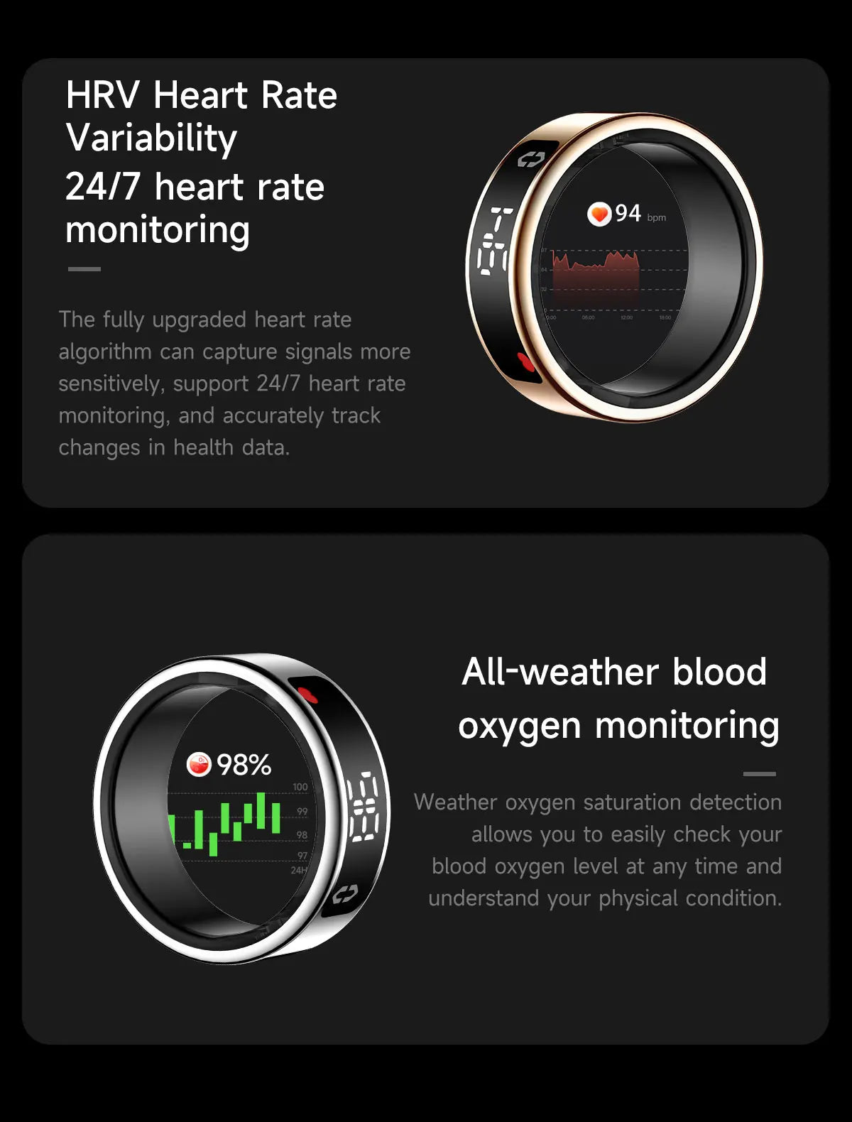 Smart Ring + Case Display Screen Touch Health Monitor Gesture Swipe Video/Brush Tiktok 5ATM Waterproof Smartring for Men Women