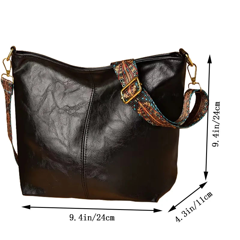 Neutral Style Men's and Women's Pu Tote Bag, Suitable for Travel and Photography, Single Shoulder Bag with Ethnic Style Strap