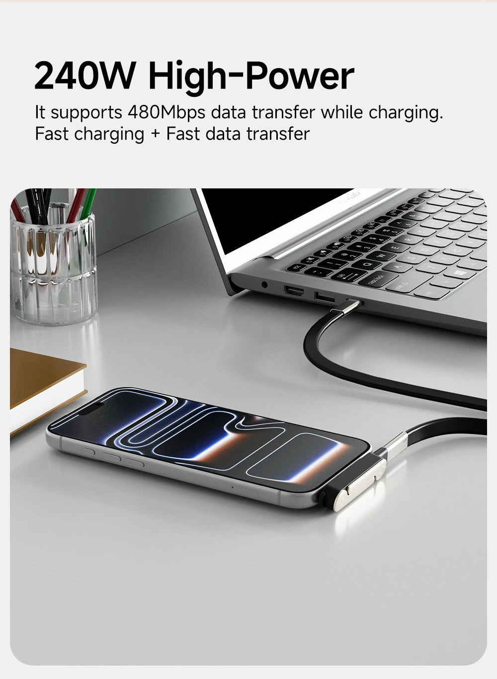 2-IN-1 Type-C Cable Foldable Mobile Phone Holder 240W Fast Charging Data Cable USB C TO USB C Phone Charge Bracket Dual PD cable