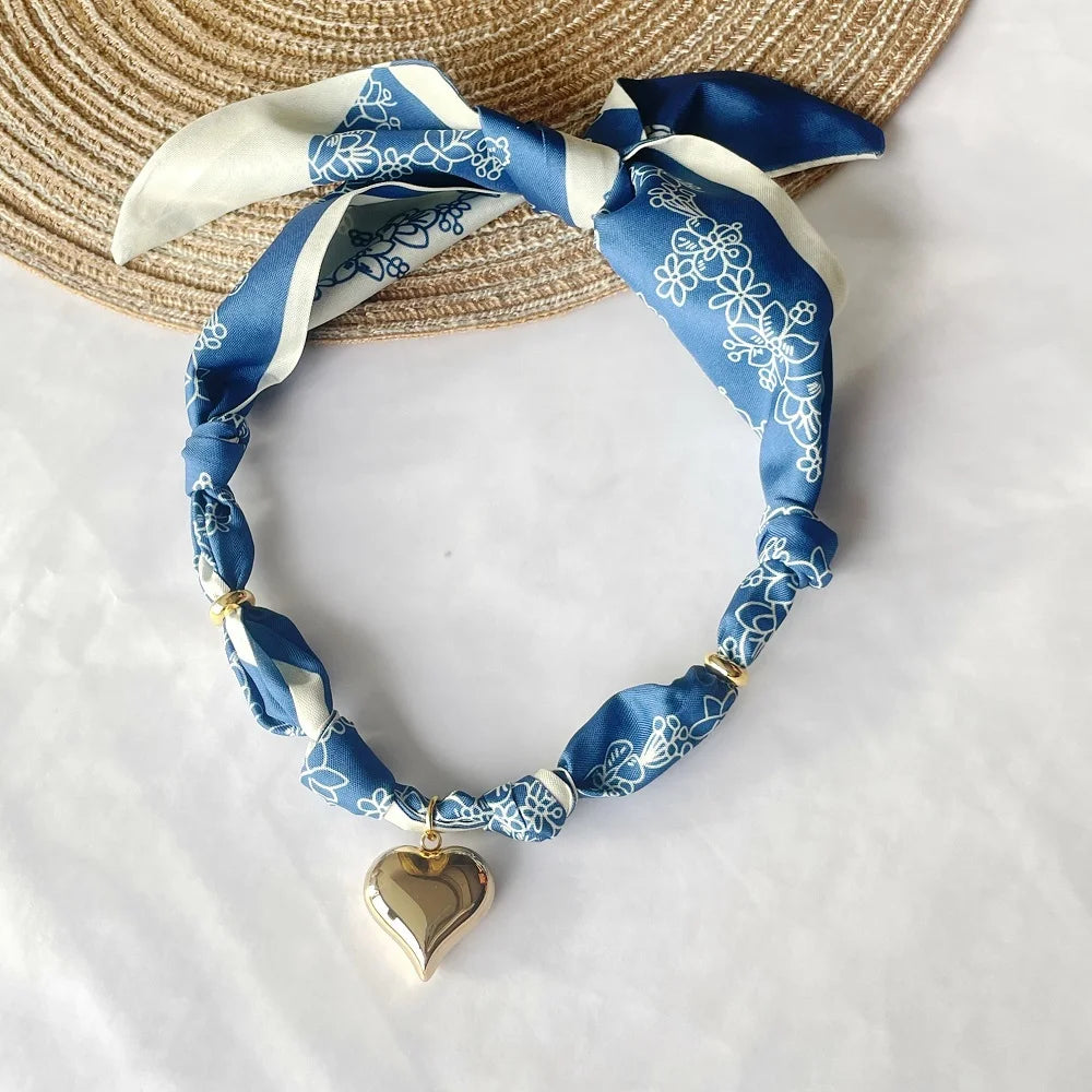Women’s Fashion Scarf Necklace with Large Stainless Steel Heart Pendant Stackable Bandana Jewelry