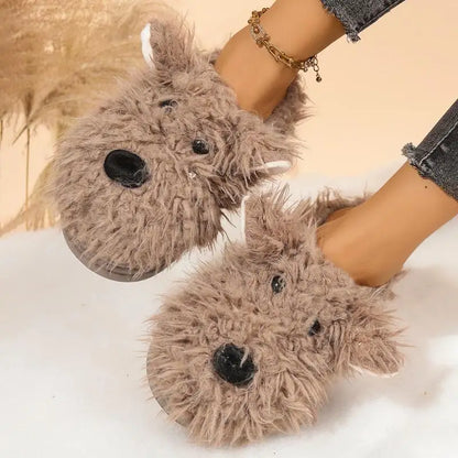 Cartoon Puppy Fluffy Fur Indoor Slippers Women 2025 Winter Thick Bottom Furry Mules Slippers Warm Plush Home Slides for Womon