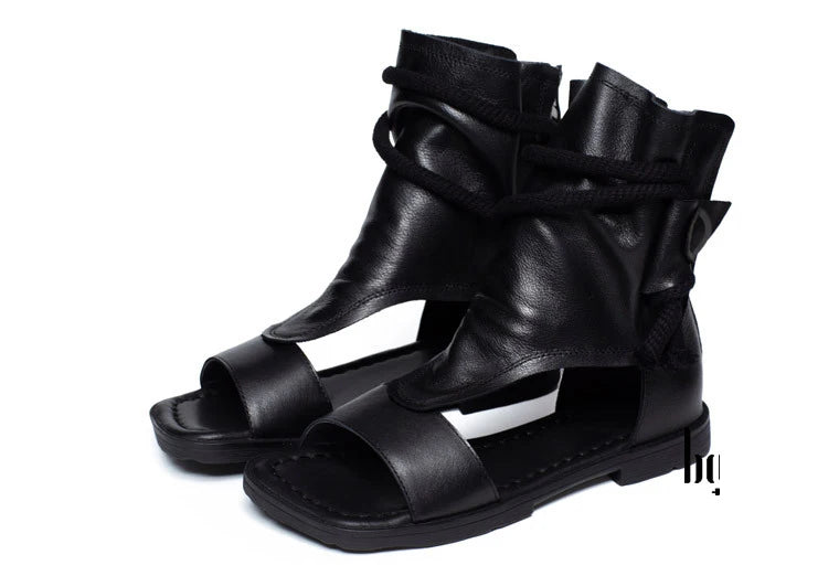 Birkuir High Top Open Toe Sandals For Women Summer Boots Luxury Hollow Out Beach Sandals Genuine Leather Flats Shoes Ladies