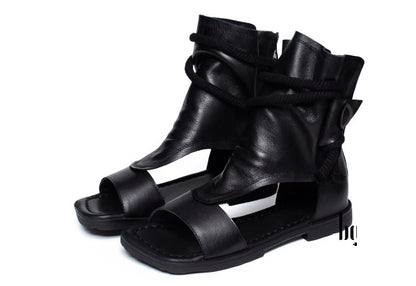 Birkuir High Top Open Toe Sandals For Women Summer Boots Luxury Hollow Out Beach Sandals Genuine Leather Flats Shoes Ladies