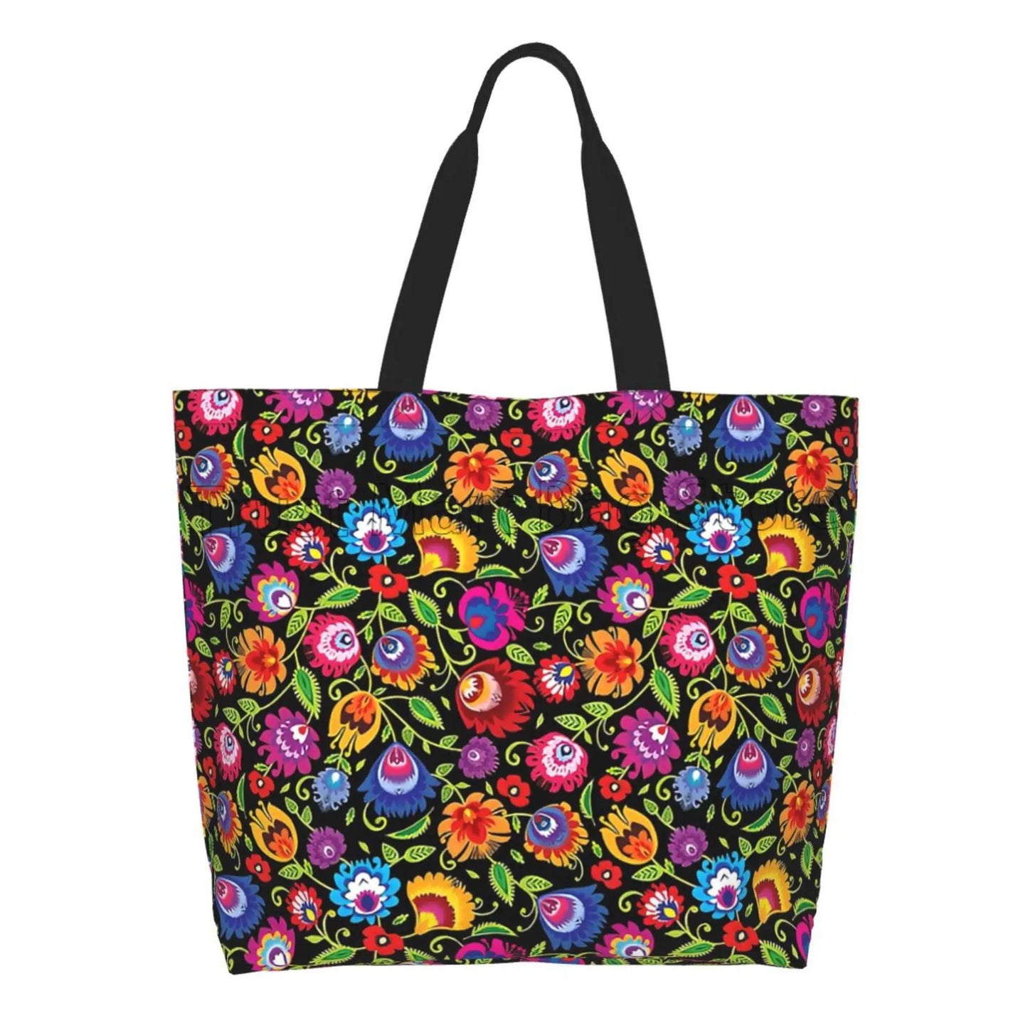 Mexican Ethnic Flowers Tote Bag Large Capacity Zipper Women Grocery Bags Purse Shopping Handbags Casual Travel Shoulder Bag