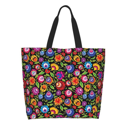Mexican Ethnic Flowers Tote Bag Large Capacity Zipper Women Grocery Bags Purse Shopping Handbags Casual Travel Shoulder Bag