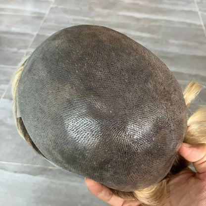 Men's Super Natural Hairline 100% Human Hair Ombre Blonde Capillary Prosthesis System Wigs Brown Roots Durable Thin Skin Toupee